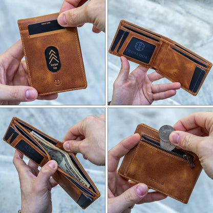 Portofel din piele naturala cu protectie anti scanare carduri RFID si cu buzunar pentru monede, Trento - cognac