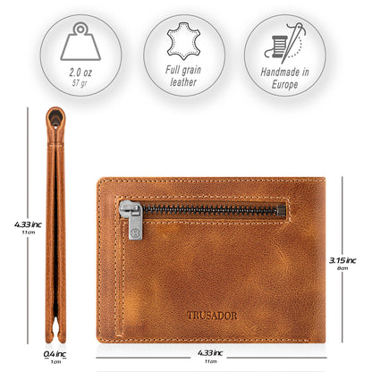 Portofel din piele naturala cu protectie anti scanare carduri RFID si cu buzunar pentru monede, Trento - cognac