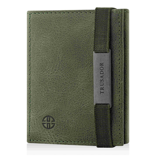 Portofel piele naturala cu cu oglinda si protectie anti scanare carduri RFID, design compact trifold, Marseille - verde