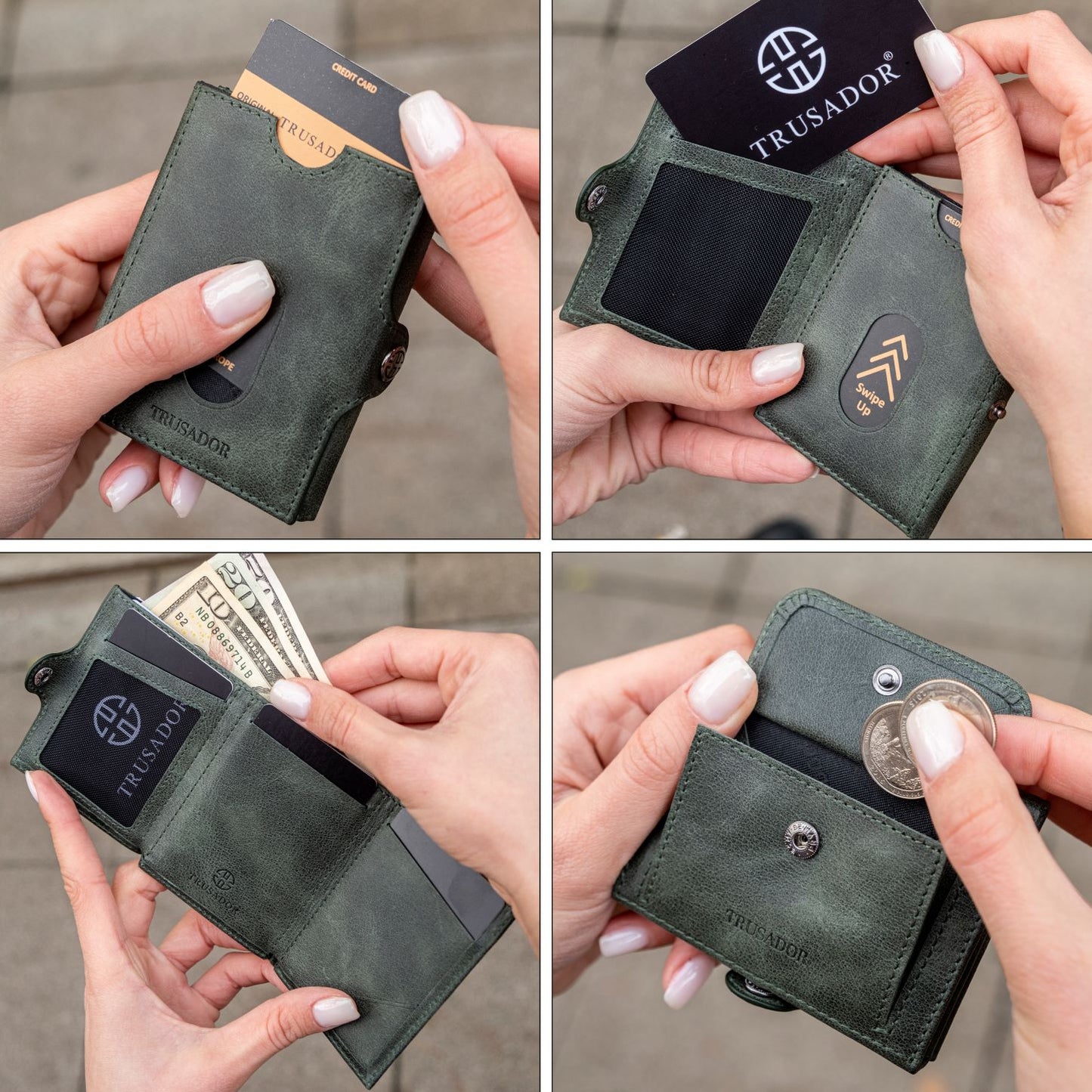 Portofel piele naturala cu protectie anti scanare carduri RFID, design compact trifold, Valencia - verde