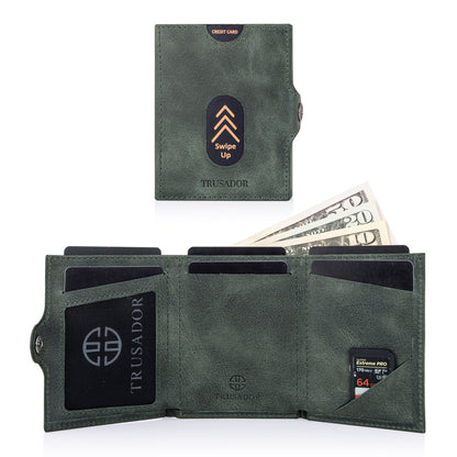 Portofel piele naturala cu protectie anti scanare carduri RFID, design compact trifold, Valencia - verde
