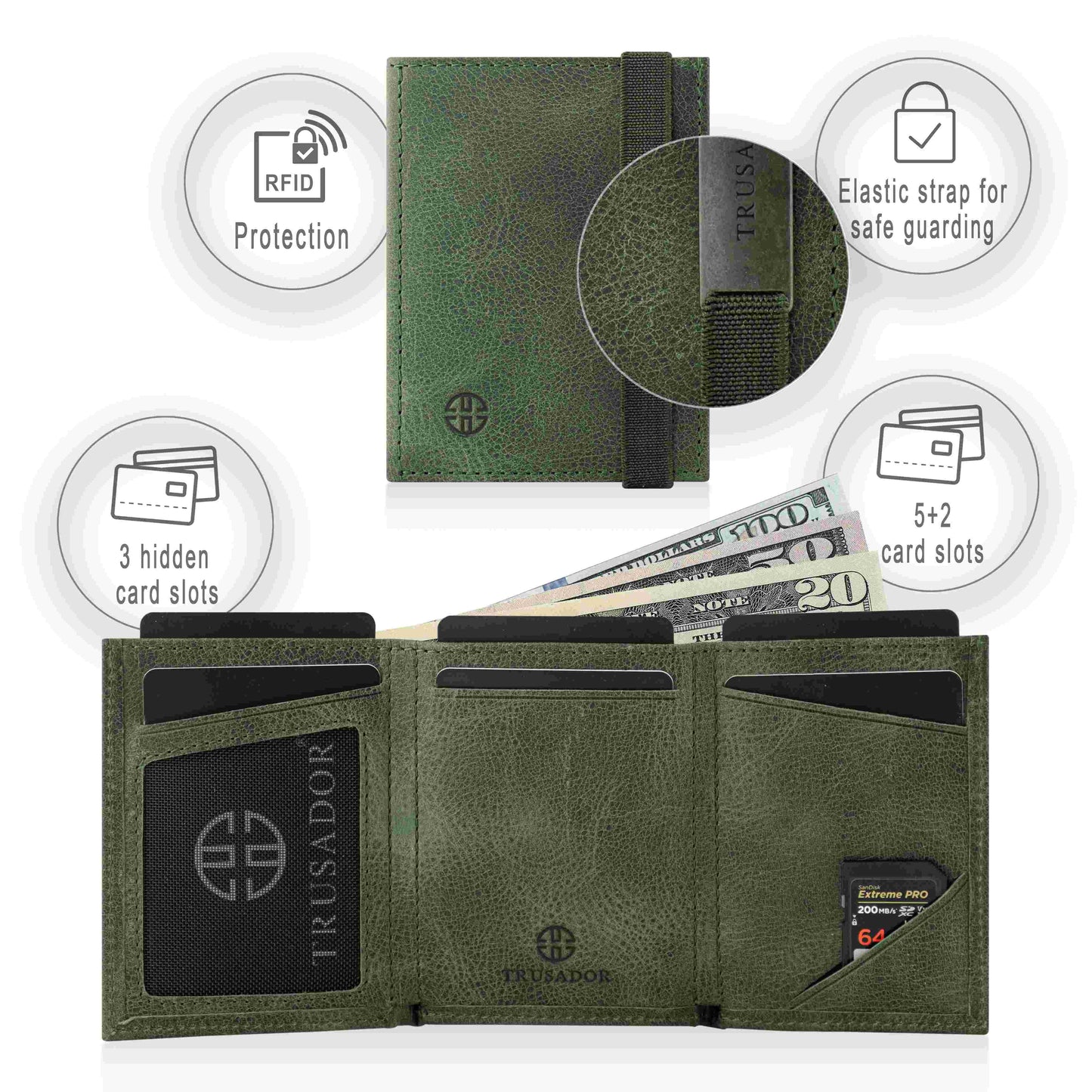 Portofel piele naturala cu cu oglinda si protectie anti scanare carduri RFID, design compact trifold, Marseille - verde