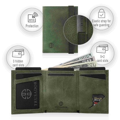 Portofel piele naturala cu cu oglinda si protectie anti scanare carduri RFID, design compact trifold, Marseille - verde