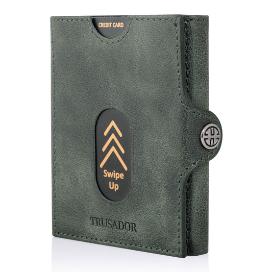 Portofel piele naturala cu protectie anti scanare carduri RFID, design compact trifold, Valencia - verde