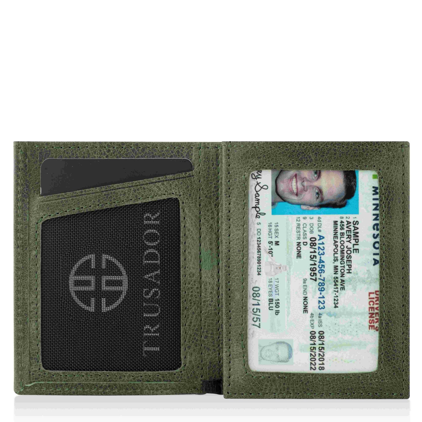 Portofel piele naturala cu cu oglinda si protectie anti scanare carduri RFID, design compact trifold, Marseille - verde