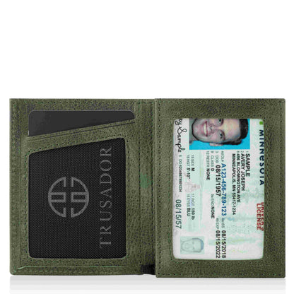 Portofel piele naturala cu cu oglinda si protectie anti scanare carduri RFID, design compact trifold, Marseille - verde