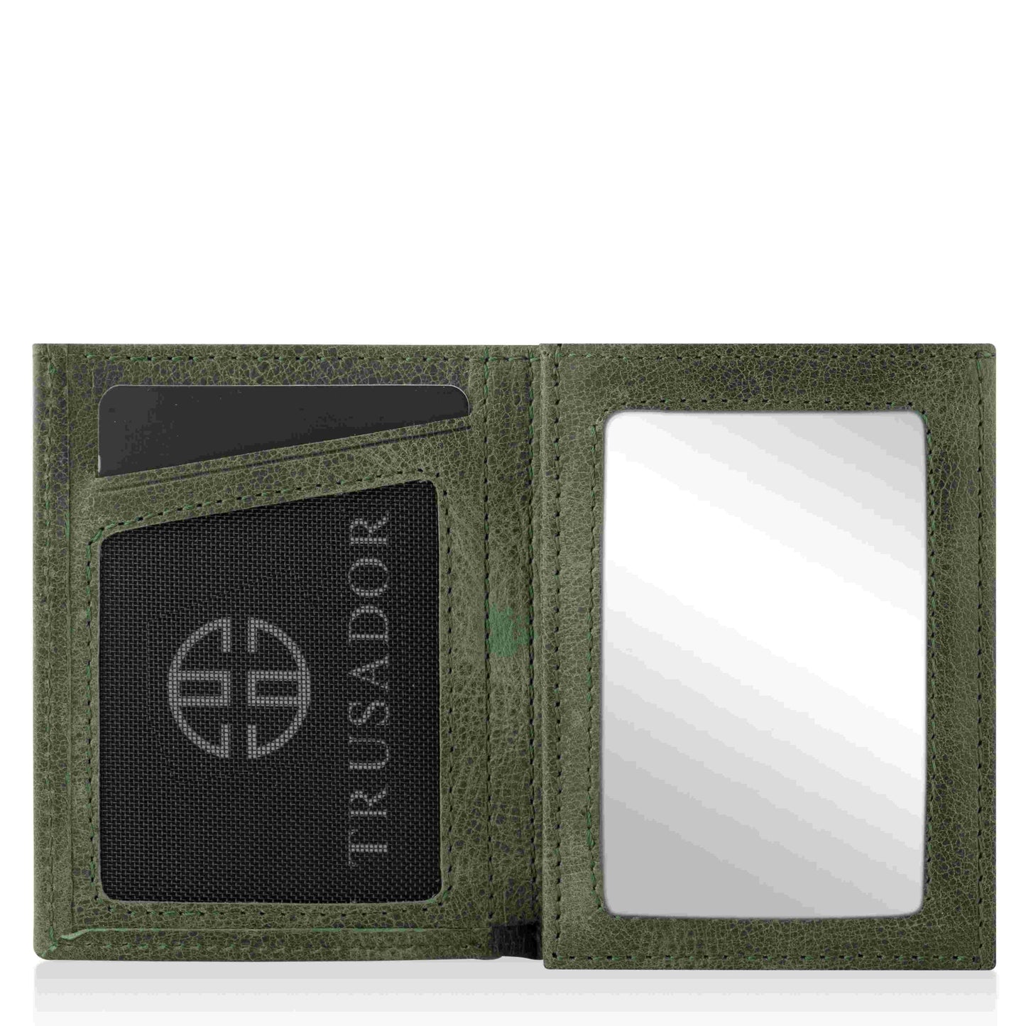Portofel piele naturala cu cu oglinda si protectie anti scanare carduri RFID, design compact trifold, Marseille - verde