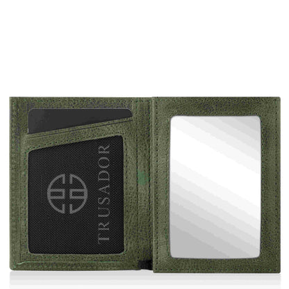 Portofel piele naturala cu cu oglinda si protectie anti scanare carduri RFID, design compact trifold, Marseille - verde